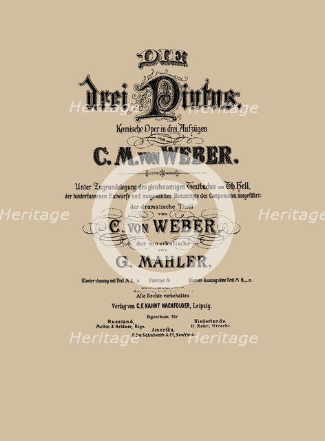 Cover of the vocal score of opera Die drei Pintos by Carl Maria von Weber, 1888.