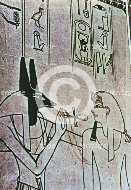 Fresco from the tomb of Amenhotep II, represented with god Anubis, part of the New Kingdom.
