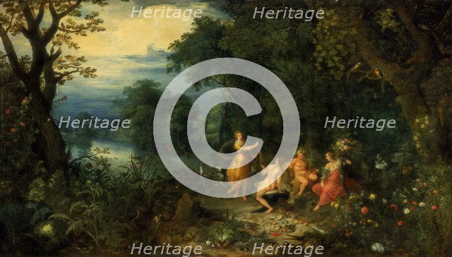 A landscape with wood; Diana offers a hare to a nymph; Silenus and Ceres in foreground, c1614. Artist: Abraham Govaerts