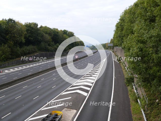 Deserted M27 Motorway due to closure for bridge demolition at Rownhams 2018. Creator: Unknown.