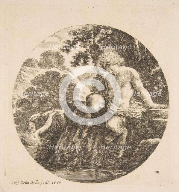 Young Satyr About to Bathe in a River, from 'Landscapes and seaports' (Paysages et ports d..., 1656. Creator: Stefano della Bella.