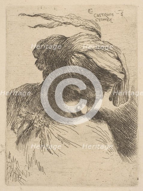 Young man looking down to right, from the series of 'Small Heads in Oriental Headdr..., ca. 1645-50. Creator: Giovanni Benedetto Castiglione.