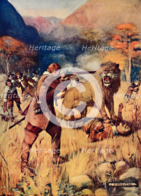 'A Large Lion sprung upon one of the Men', 1909. Artist: Joseph Ratcliffe Skelton.