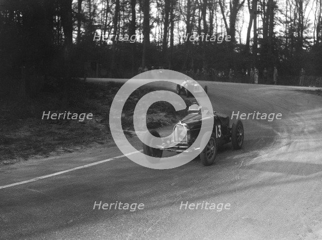 Bugatti Type 35B of Jock Leith leading a Riley Brooklands at Donington Park, Leicestershire, 1935. Artist: Bill Brunell.