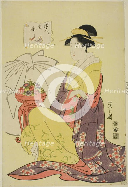 Hotei, from the series "Comparison of the Treasures of the Gods of Good Fortune..., c. 1795. Creator: Hosoda Eishi.