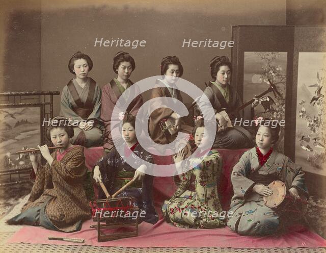 Playing Samisen, Tsudzumi, Fuye and Taiko, 1870s-1890s. Creator: Kusakabe Kimbei.