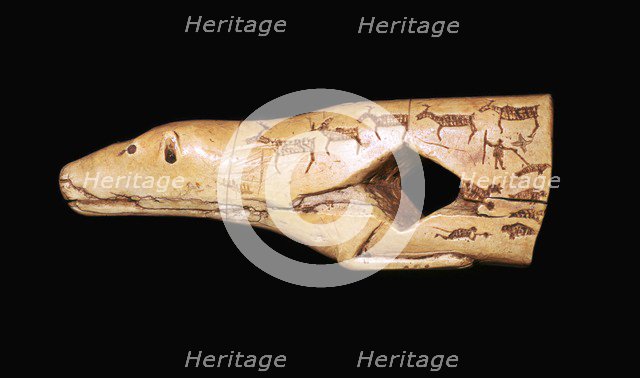 Ivory arrow straightener in the form of a bear with engraved pictographs. Artist: Unknown