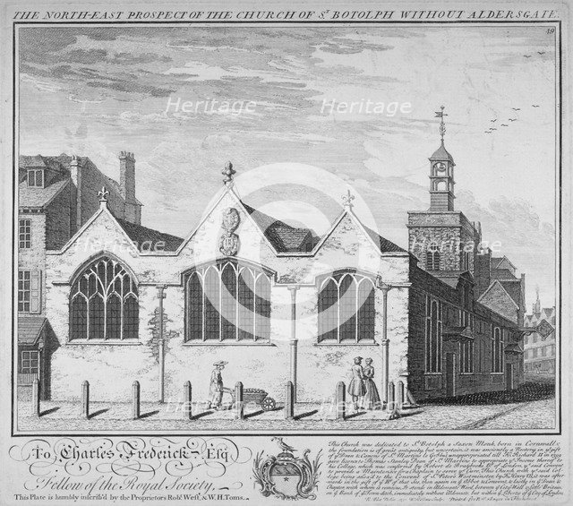 North-east view of the Church of St Botolph Aldersgate, City of London, 1740. Artist: William Henry Toms