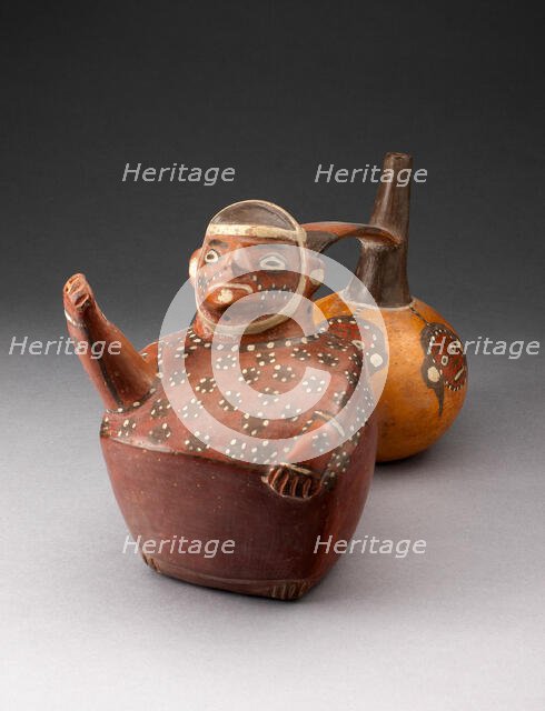 Double-Chambered Vessel Depicting a Figure and Trophy Heads, A.D. 500/800. Creator: Unknown.