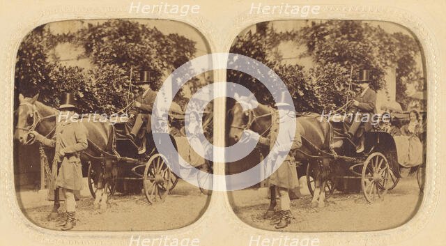 Two women in a horse-drawn carriage with two men drivers wearing top hats..., about 1858. Creator: LeBas.
