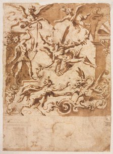 Grotesque with a Satyr Feeding a Dragon (recto), c. 1565/1588. Creator: Marco Marchetti (Italian, 1565-1588).