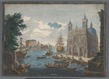 View of a Gothic Cathedral on the Water, 1760. Creator: Jean Moyreau.