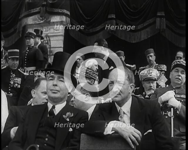 Leslie Hore-Belisha, British Secretary of State for War, and Other Dignitaries in Raked..., 1939. Creator: British Pathe Ltd.