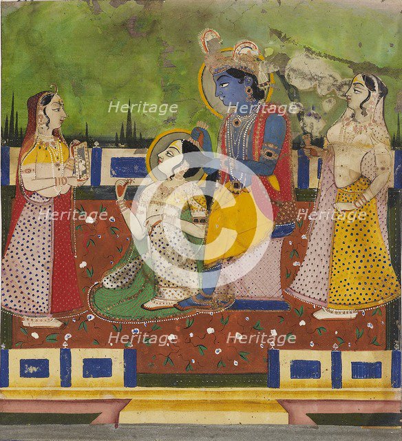 Radha and Krishna on a terrace, 19th century. Artist: Unknown.