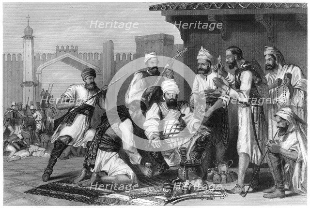 'Sikh troops dividing the spoils taken from mutineers ', 1857, (c1860). Artist: Unknown