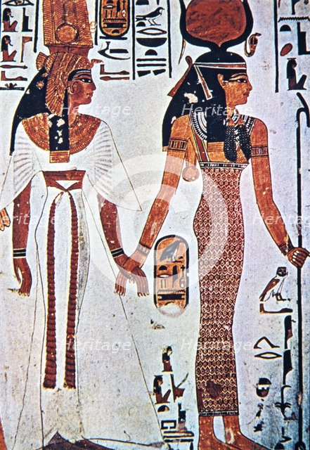 Queen Nefertari and the goddess Hathor, fresco in his tomb, belonging to XIX Dynasty.
