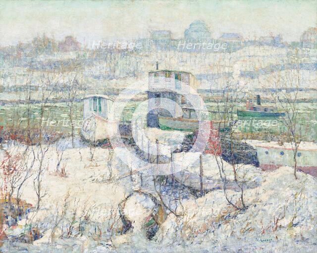 Boathouse, Winter, Harlem River, c. 1916. Creator: Ernest Lawson.