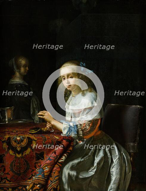 Young Woman Threading Pearls, 1658. Creator: Mieris, Frans van, the Elder (1635-1681).