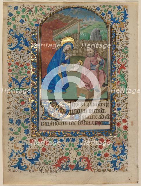 Leaf from a Book of Hours: The Nativity (recto) and Text (verso), c. 1430. Creator: Unknown.