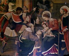 Adoration of the Magi, detail from the Altarpiece with scenes of the life of Christ on an altar o…