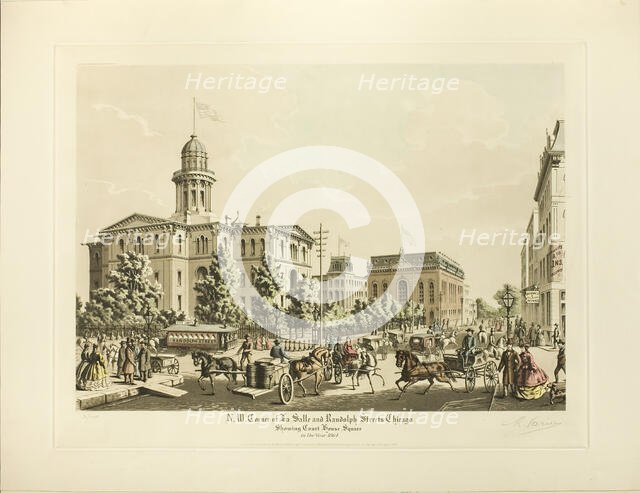 N. W. Corner of LaSalle and Randolph, Chicago, Showing Cou..., published April 1928 (1864 depicted). Creator: Raoul Varin.