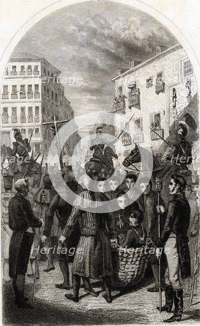 Trial, jibe and execution of revolutionary General Rafael de Riego, scene of his driving through …