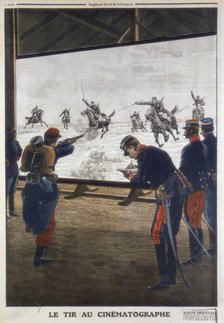 French soldiers using film of a cavalry charge for rifle practice, 1912. Artist: Unknown