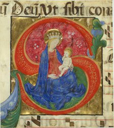 Manuscript Illumination with the Virgin and Child in an Initial S..., mid-15th century. Creator: Master of the Franciscan Breviary.