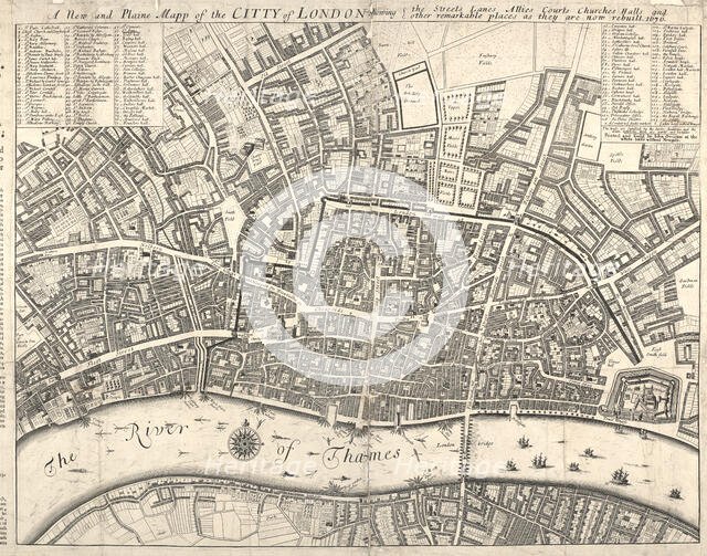 Map of the City of London surrounded by descriptive text, 1676. Creator: Anon.