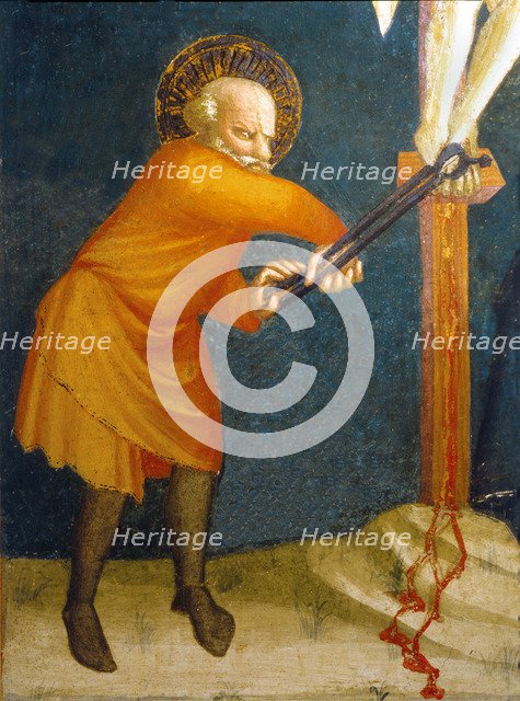 Descent from the Cross' detail of a man removing the nails of the foot of Christ with tongs, from…