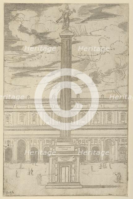 Triumphal column with female figure of Fame holding a trumpet at the top, a temporary deco..., 1598. Creator: Guido Reni.