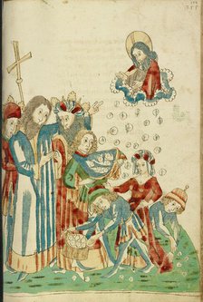 King Avenir, Josaphat, and Nachor Behold Hour Manna Fell in the Desert; Barlaam und Josaphat, 1469. Creators: Hans Schilling, Diebolt Lauber.