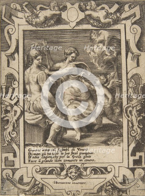 Athena seated near Juno who has taken away Cupid's arrows, set within an elaborate fram..., 1531-76. Creator: Giulio Bonasone.
