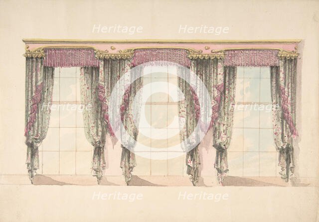 Design for Gray and Pink Curtains with Pink Fringes and a PInk and Gold..., early 19th century. Creator: Anon.