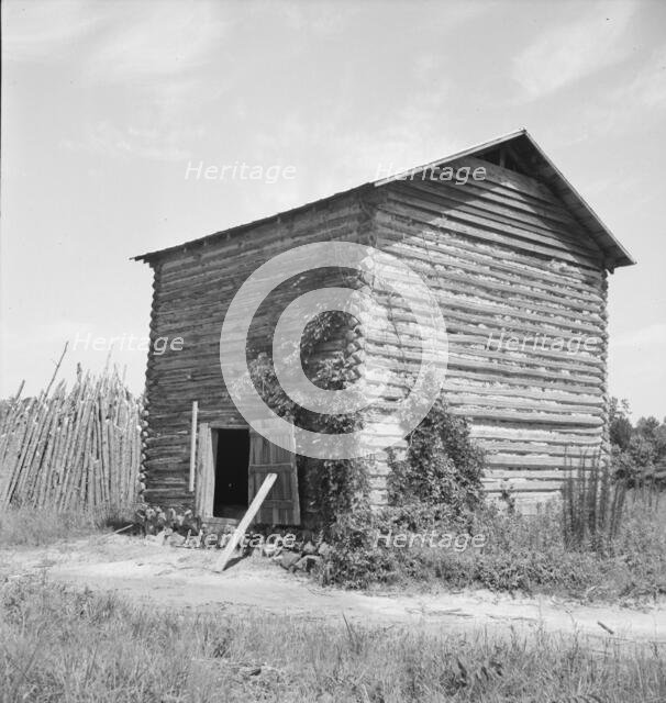 The old tobacco barn (new one under construction.), Chatham County, North Carolina, 1939. Creator: Dorothea Lange.