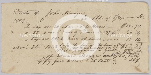 Record of taxes on property, including enslaved persons, owned by John Rouzee, November 24, 1823. Creator: Unknown.