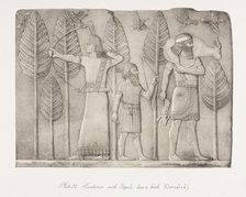 Monuments of Ninevah: Plate 32, Huntsmen with Gazelle, Hare and Birds (Khorsabad), 1853. Creator: Austen Henry Layard (British, 1817-1894).