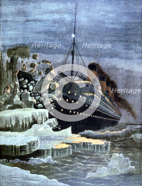 The 'Titanic' colliding with an iceberg, 1912. Artist: Unknown