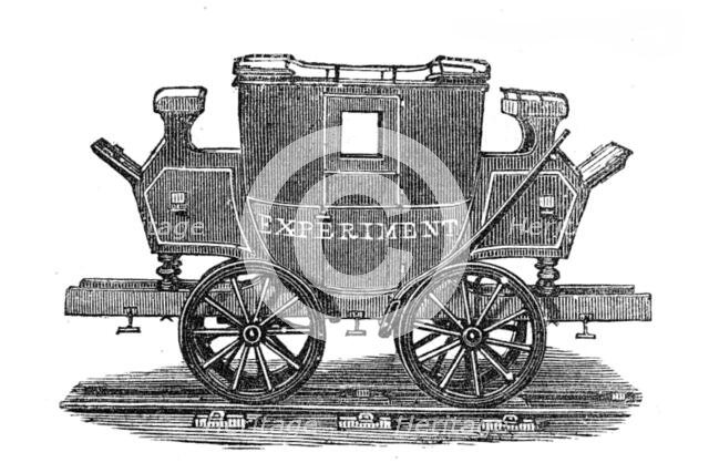 George Stephenson, Father of Railways: the Experiment, first railway passenger coach, 1825, (1881). Creator: Unknown.