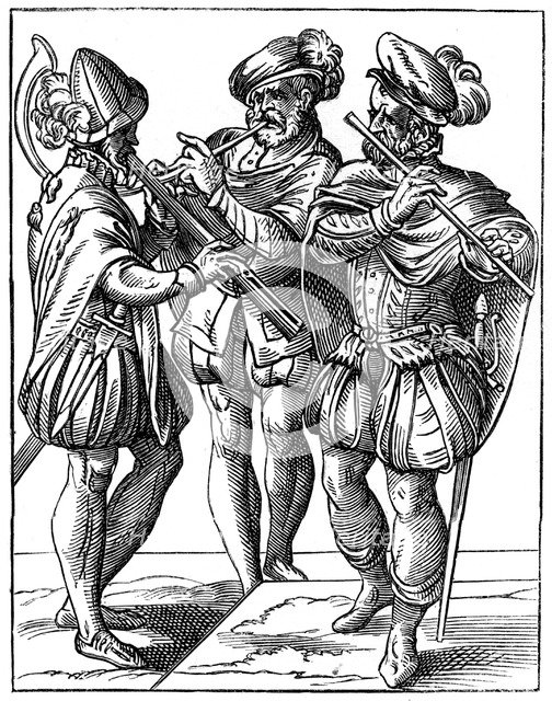 Flute and cornetto players, 16th century (1849).Artist: Jost Amman