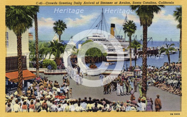 Crowds greet the daily arrival of a steamer, Avalon, Santa Catalina Island, California, USA, 1940. Artist: Unknown