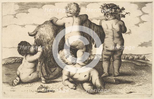 Four boys, a young satyr and a goat (copy), 17th century. Creator: Wenceslaus Hollar.
