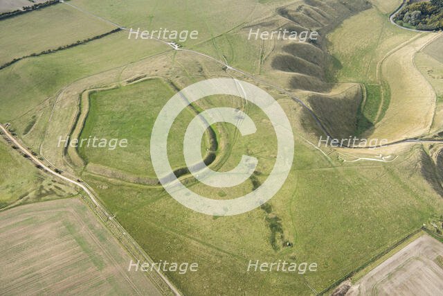 Uffington Castle hillfort and the Uffington White Horse chalk hill figure, Oxfordshire, 2019. Creator: Damian Grady.