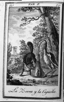 Illustration of the fable 'La zorra y la cigüeña' (The Fox and the Stork) by Felix Maria de Saman…