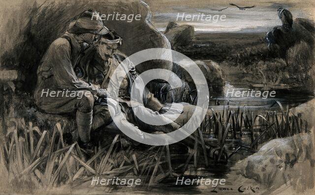 Boer War: wounded soldiers awaiting for medical help in the cold and damp, 1899. Creator: Lance Calkin.