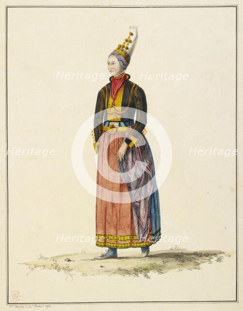 Drawing of an Icelandic woman in her bridal dress, 1772.  Creator: John Clovelly.