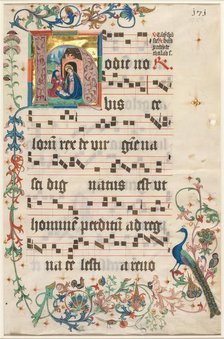 Leaf from an Antiphonary: Initial H with the Nativity (recto) and Text (verso), c. 1480. Creator: Unknown.
