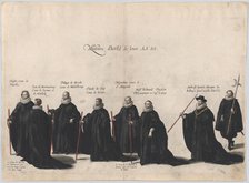 Plate 53: Eight figures marching in the funeral procession of Archduke Albert of Austria; ..., 1623. Creator: Cornelis Galle I.