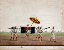 An European man relaxing and reading a book in a palkee carried by four men, (between 1800 & 1899?). Creator: Unknown.