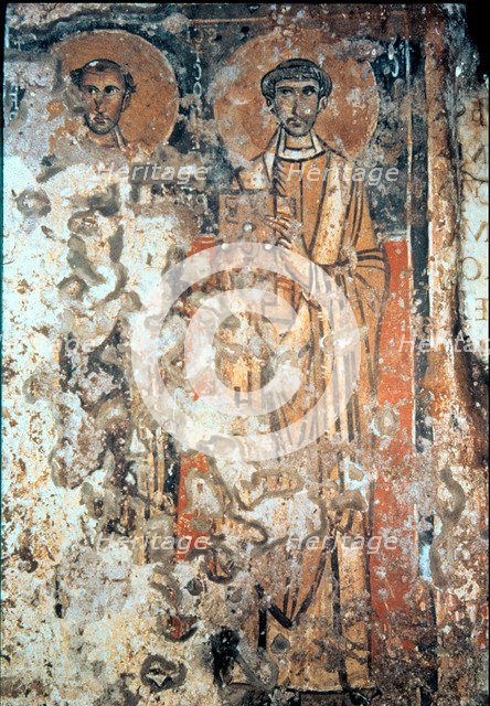 Paintings with Saints Cyprian and Calixtus, fresco in the Catacombs of Saint Calixtus in Rome.